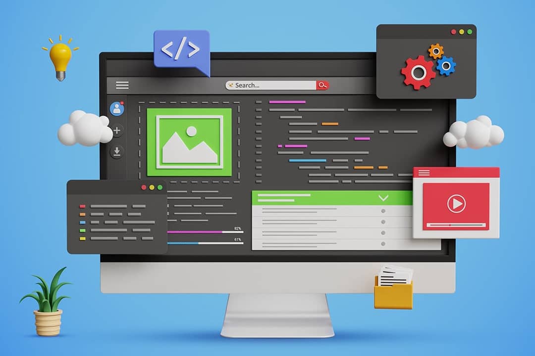 A 3D illustration of a web development and coding concept displayed on a computer with floating user interface elements.